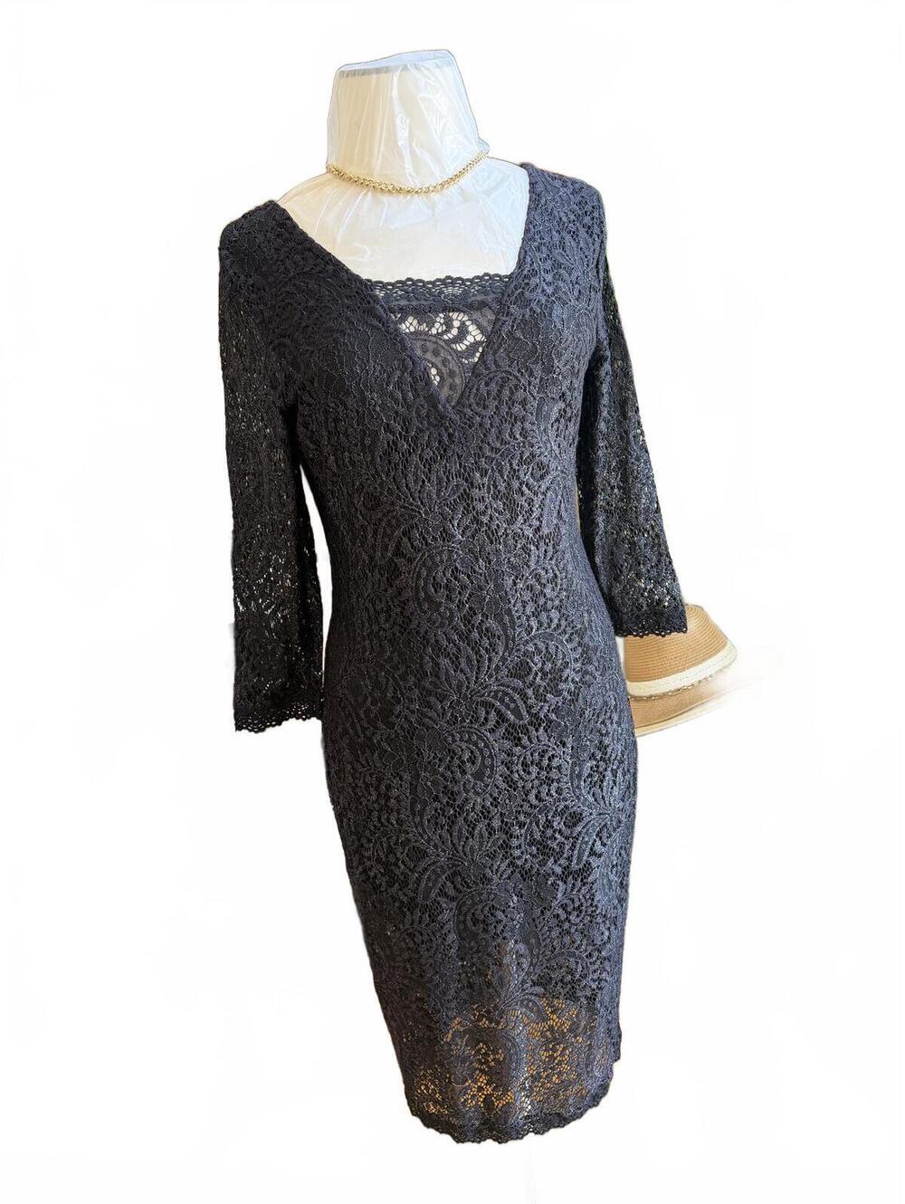 Black Lace Sheath Dress with 3/4 Sleeves Small